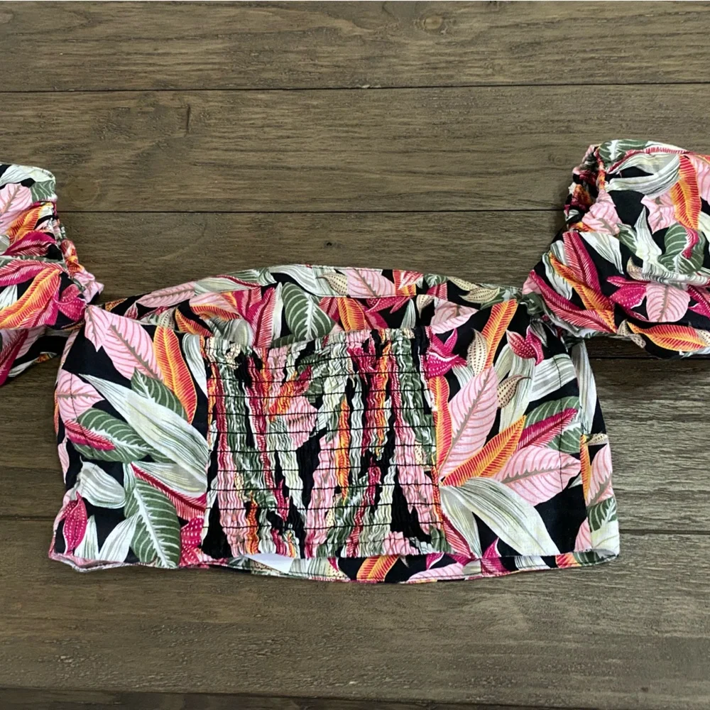 LOFT Linen Tropical Top Off Shoulder Puff Sleeves Resortwear Beach NEW - Picture 5 of 9
